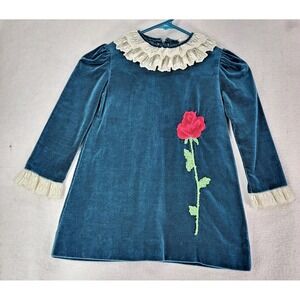 Vintage Velvet Dress Girl Size 5 Green Blue Lace Prairie Antique Rose Embroidery